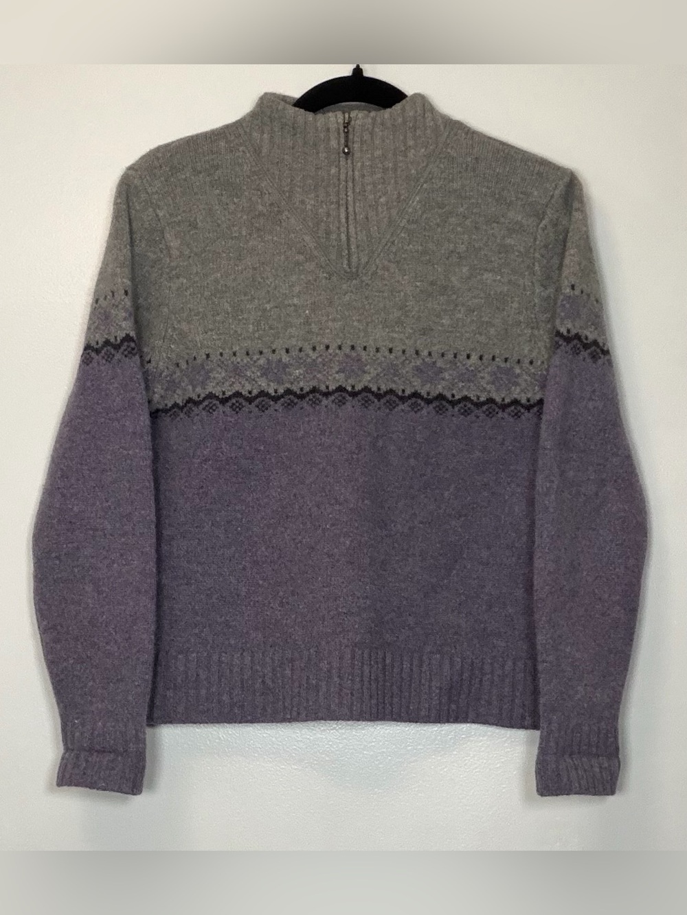 100% Wool Woolrich Half-Zip Fair Isle Sweater - Gray & Lavender